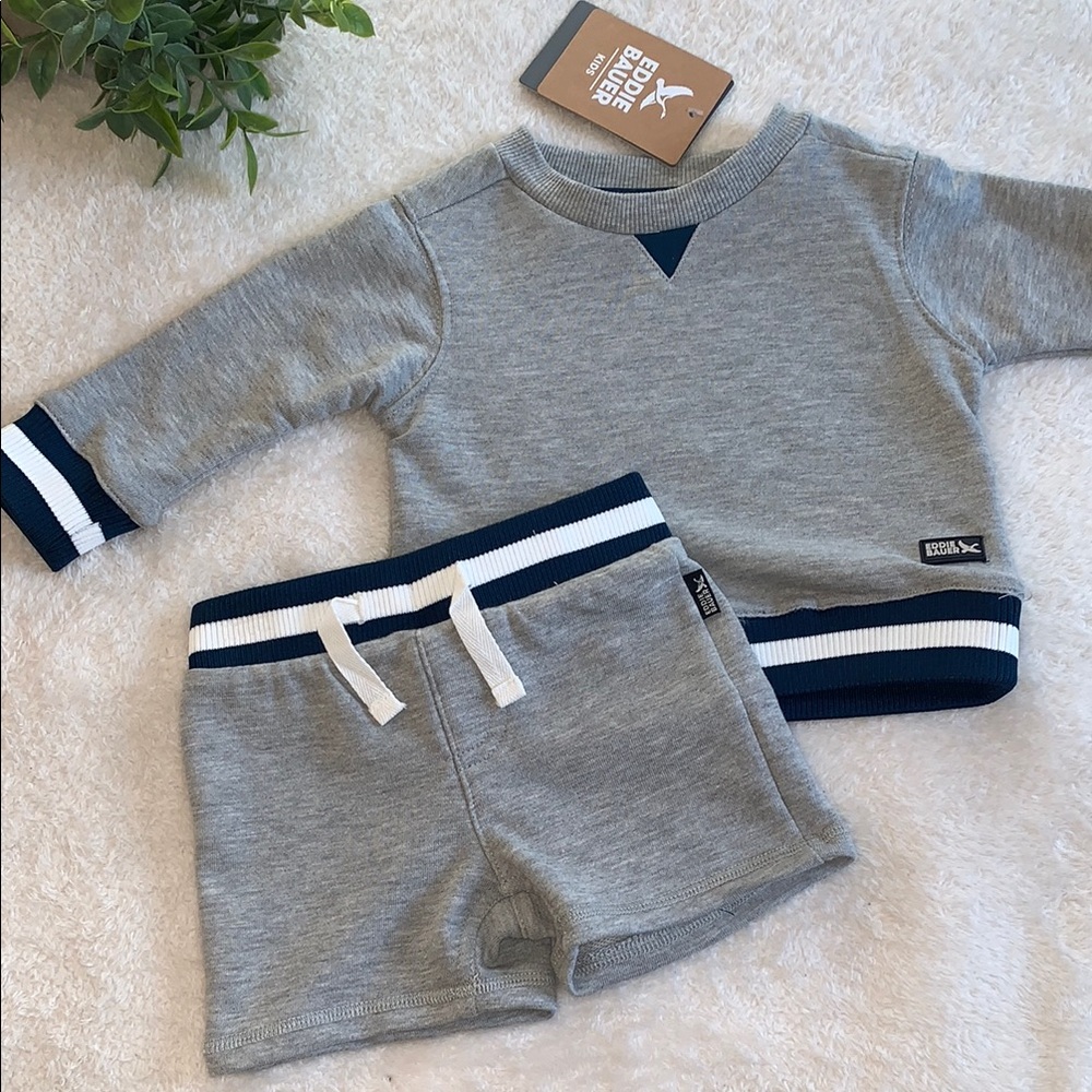 NWT Eddie Bauer 12M Baby Gray /Navy Sweatshirt & Shorts French Terry Set